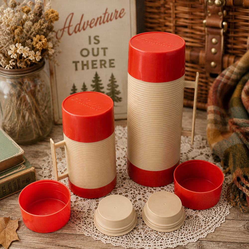 Vintage Aladdin HY-LO Thermos Bottle Set Red Beige Mid Century